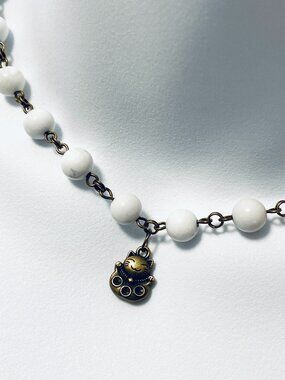 Genuine White Magnesite Short Necklace, Natural Gemstone & Bronze Fortune Cat